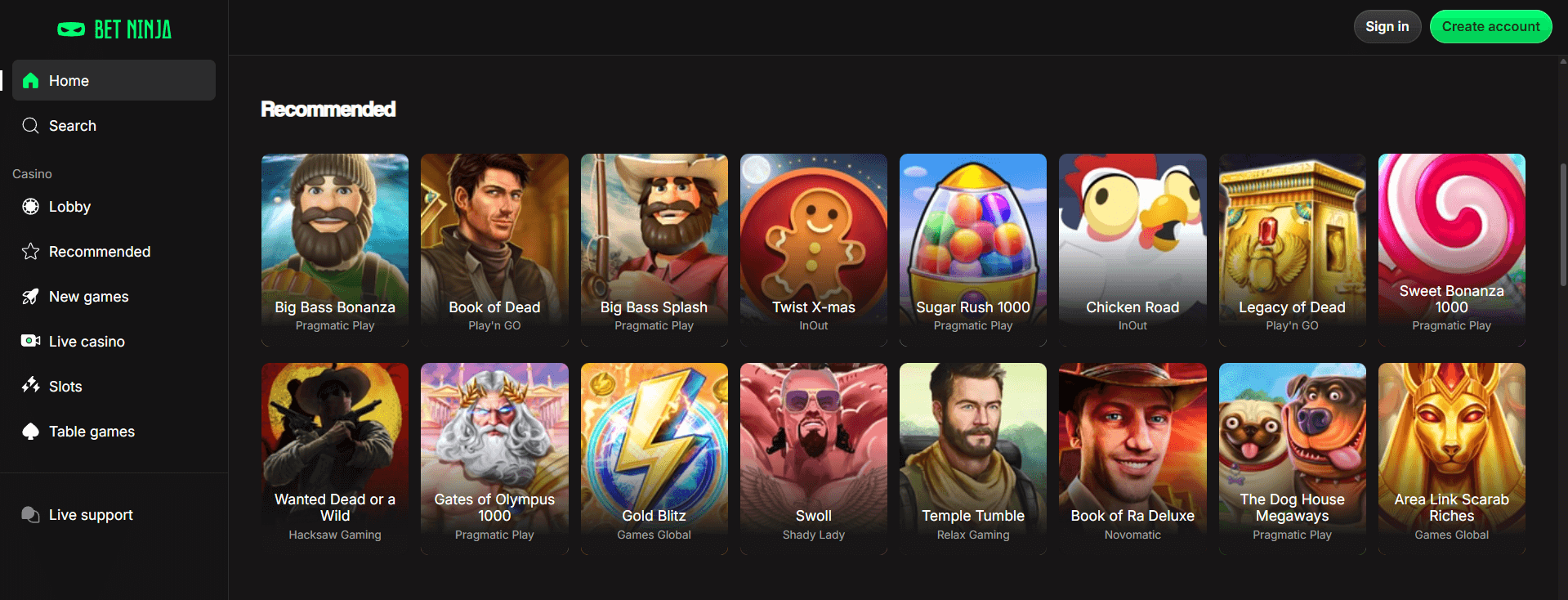 Betninja Casino homepage displaying selection of recommended online pokies and main navigation