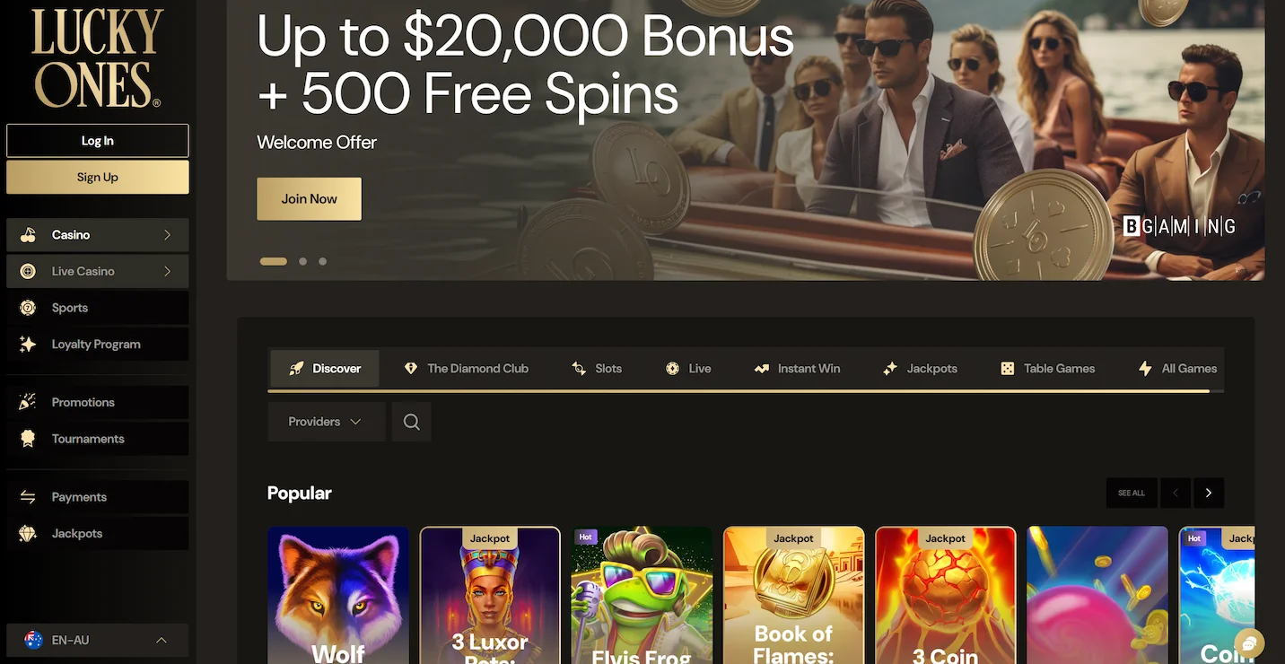 LuckyOnes casino homepage displaying welcome bonus offer, selection of popular online pokies and main navigation