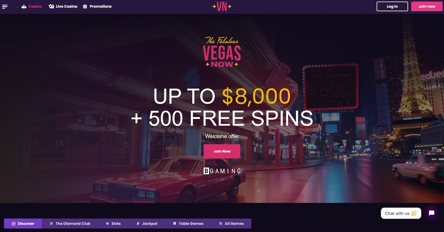 VegasNow casino homepage displaying welcome bonus offer and main navigation